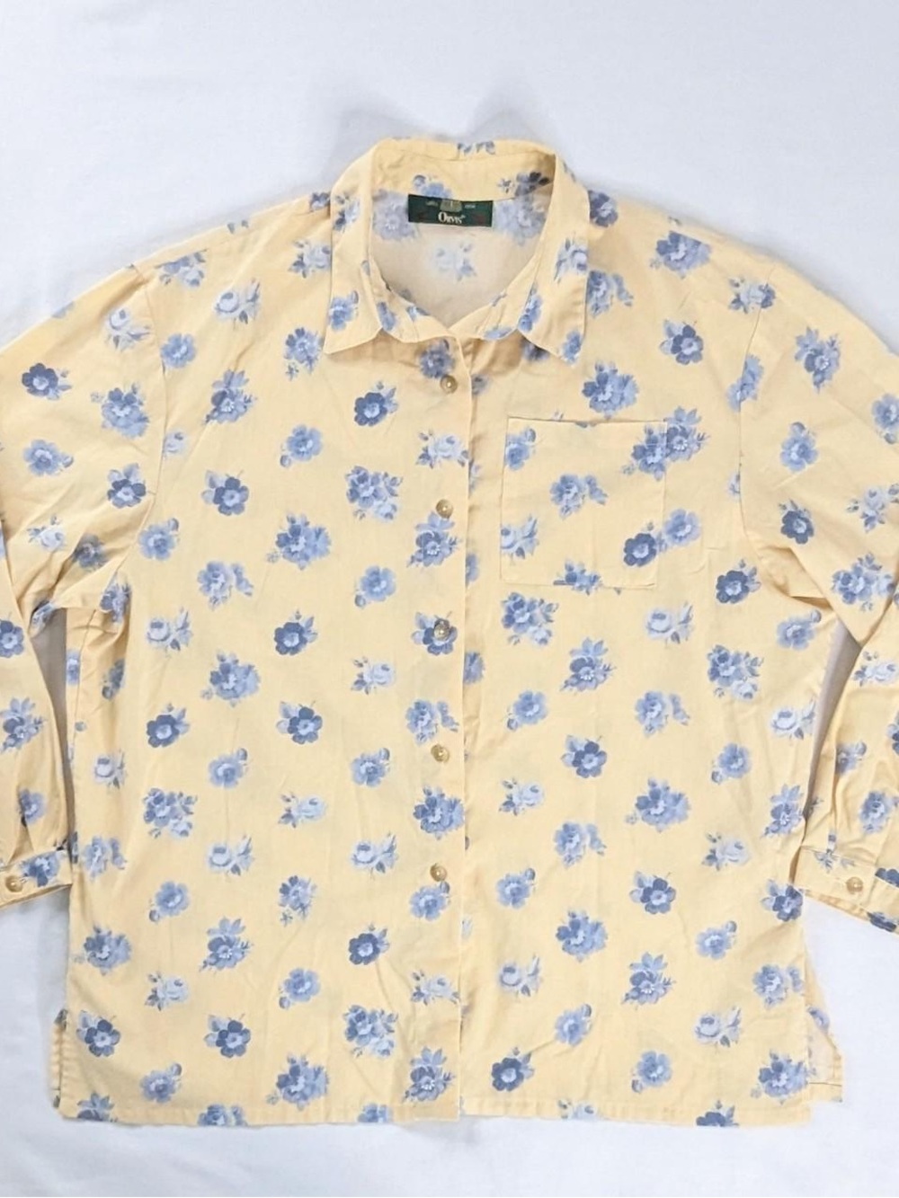 Orvis Vintage Yellow Blue Floral Button Up Side Slit Long Sleeve Top - XXL